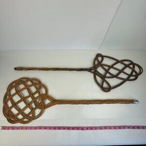 2‎ Vtg Rug Carpet Beater Whip Rattan Palm Brown Tan Knot Antique Primitive Decor
